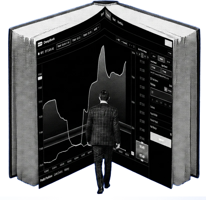 An open book showing the DeepBook trading interface, with a figure stepping toward its pages.