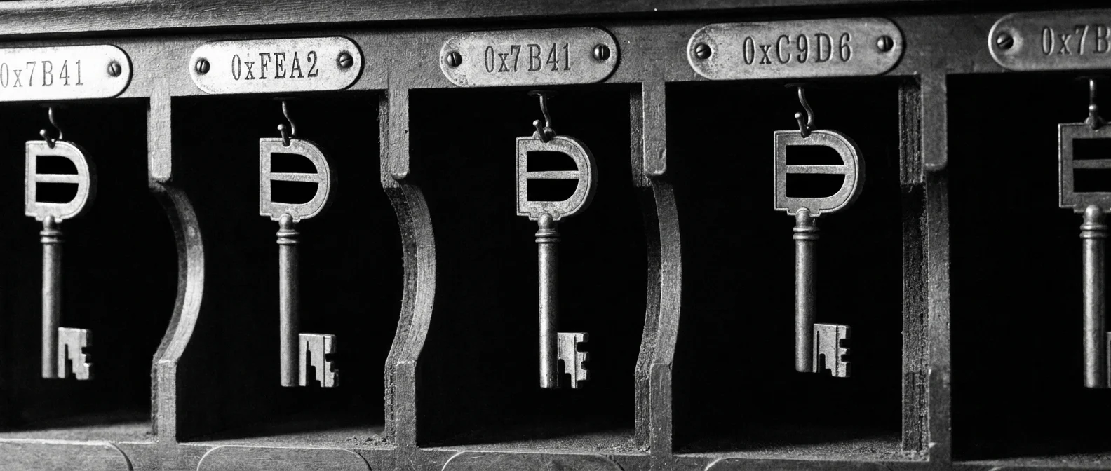 Black-and-white photograph of DeepBook-shaped keys hanging in numbered compartments.