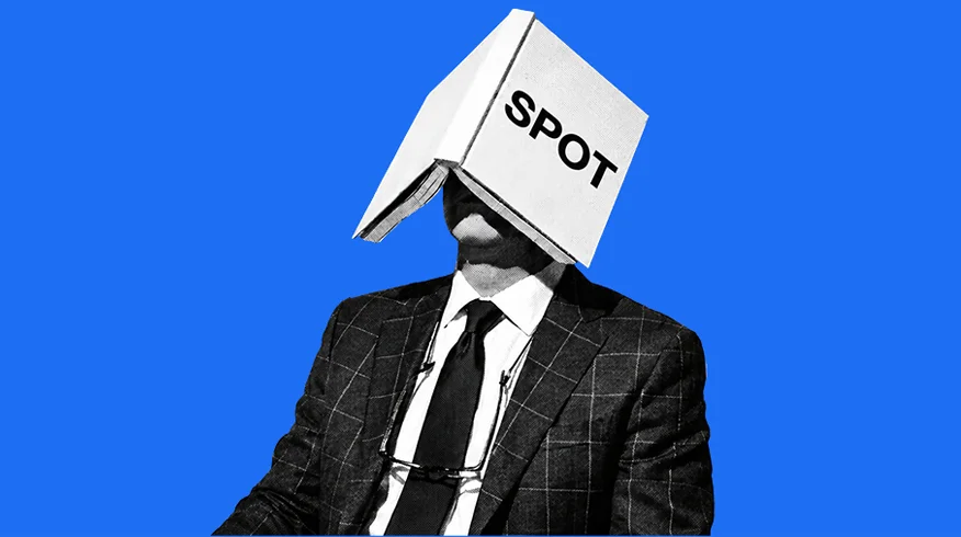 Black-and-white collage of a suited figure with a book marked SPOT over their head, against blue.